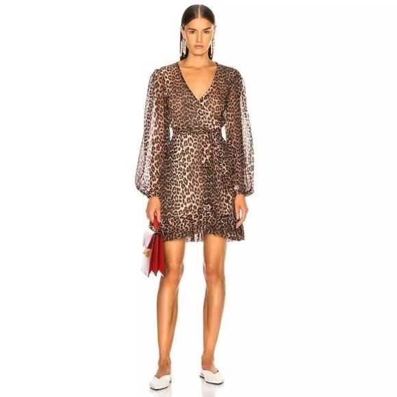 Ganni Mini Black Brown Dress Leopard Print Blouse Long Sleeve Wrap Size S - Picture 3 of 15